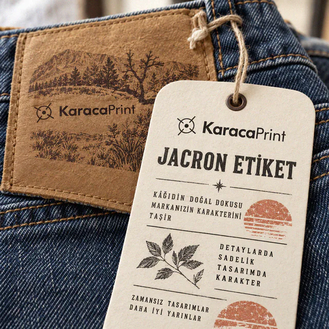 Denim üzerinde Jacron yama ve askı etiketi