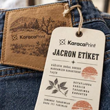 Denim üzerinde Jacron yama ve askı etiketi